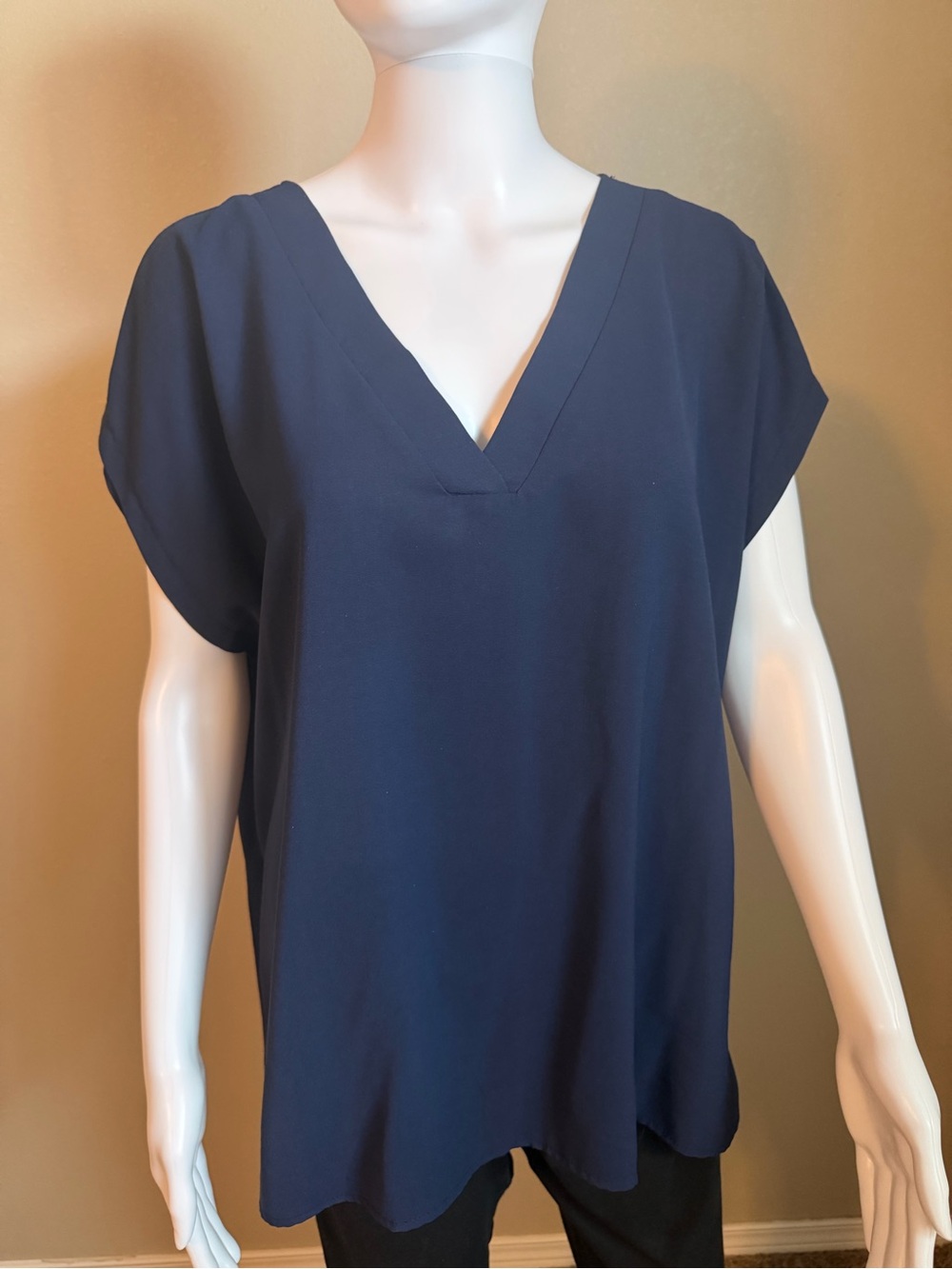 Classic Navy V-Neck Short Sleeve Blouse - Women